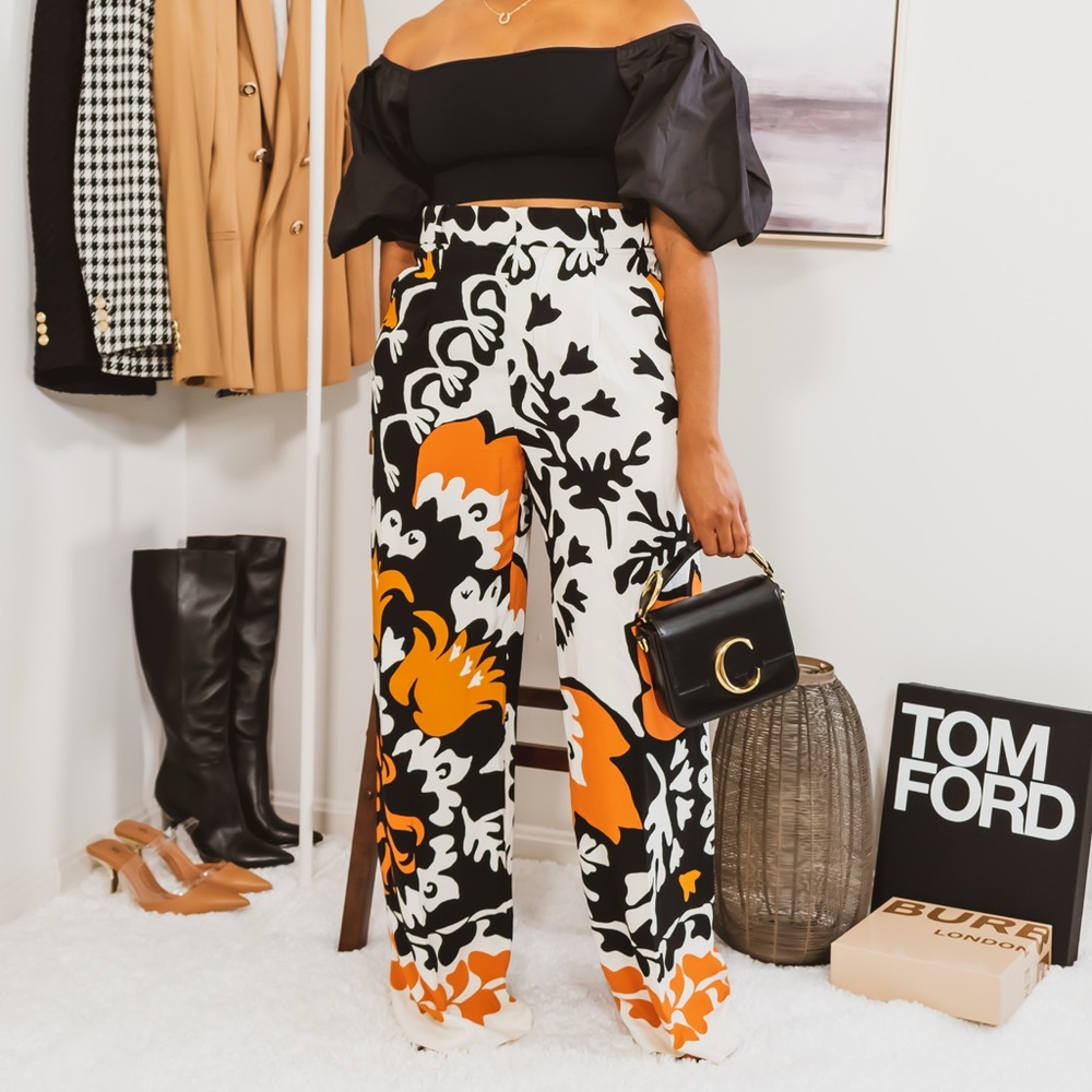 ZARA Orange Black Floral Print Wide Leg Pants Size Small [2843-180-712]